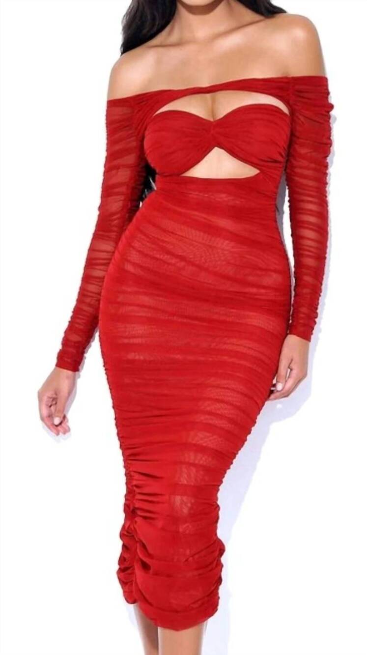 NEW MISS CIRCLE mesh off shoulder cutout dress in red burgundy